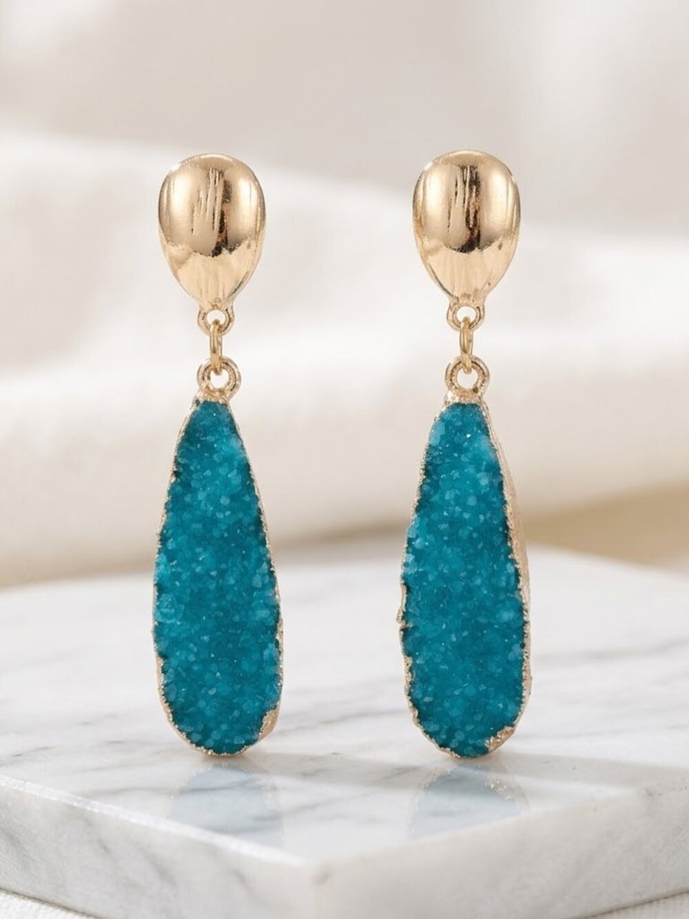 Ladies Blue Gold Dangle Faux Fashion Earrings